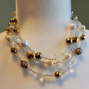 Three Strand Gold White Clear and Caged Bead Necklace